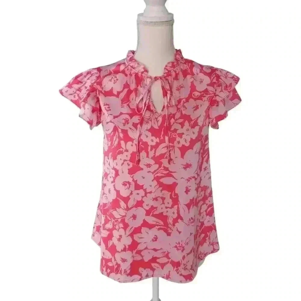 Flower and Feather Pink Floral Top with Flutter Sleeves - Size Small